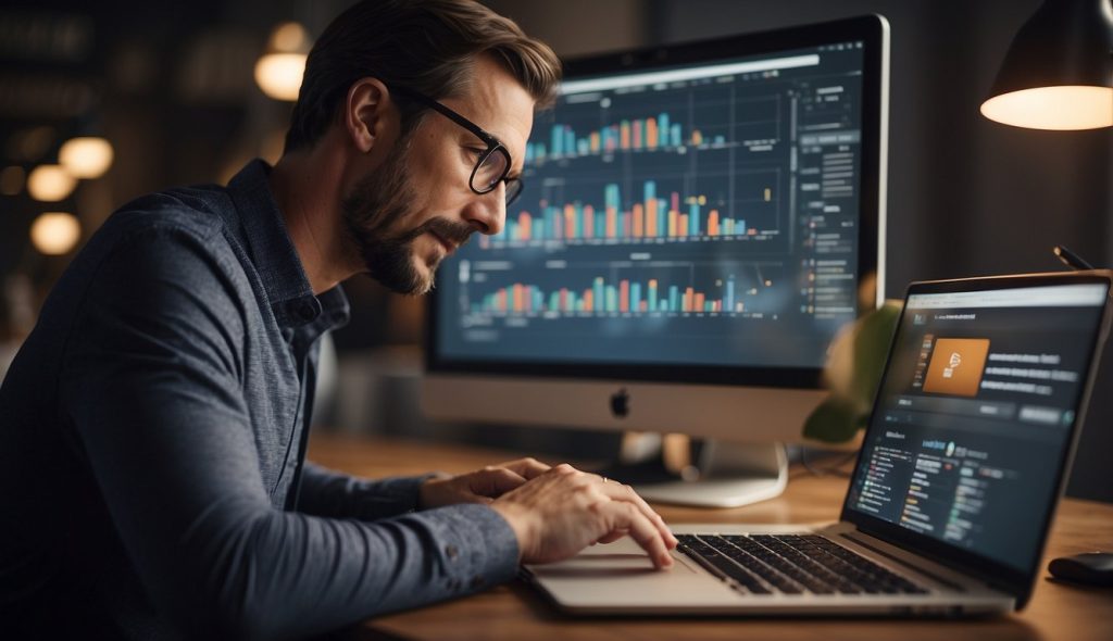 A content marketing consultant analyzing data and creating strategies for a client's social media campaign