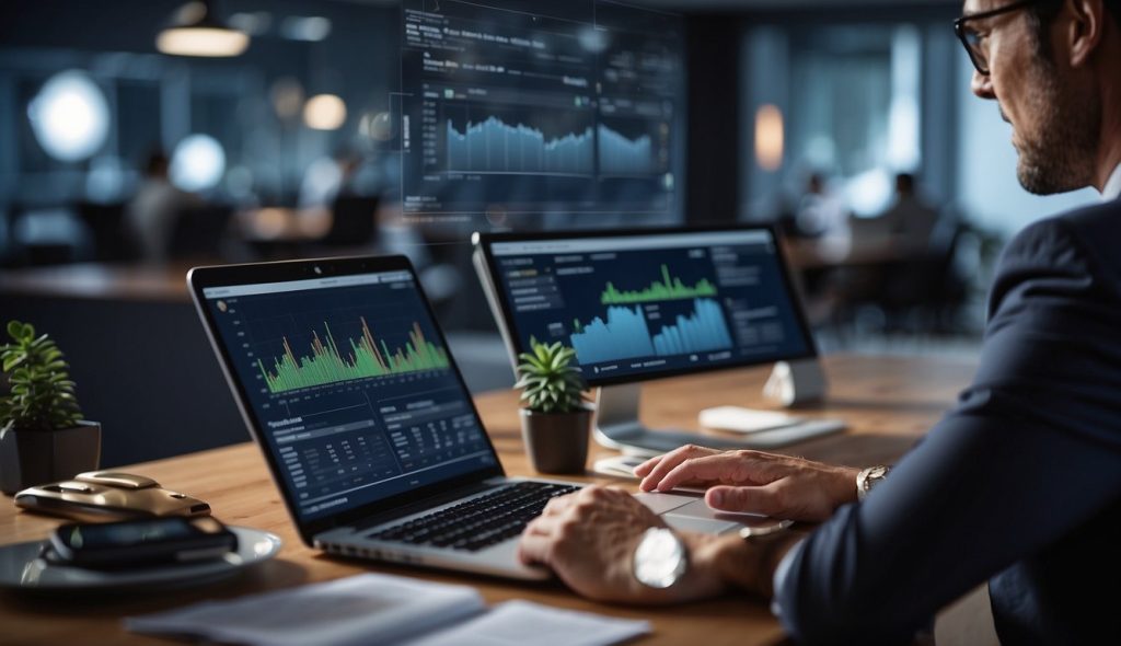 A consultant marketing consultant types on a laptop surrounded by marketing materials and analytics charts