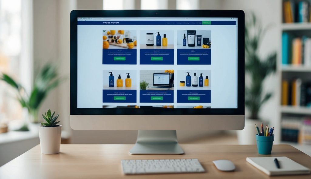 A computer screen displaying a series of web pages with product images, add to cart buttons, and checkout forms