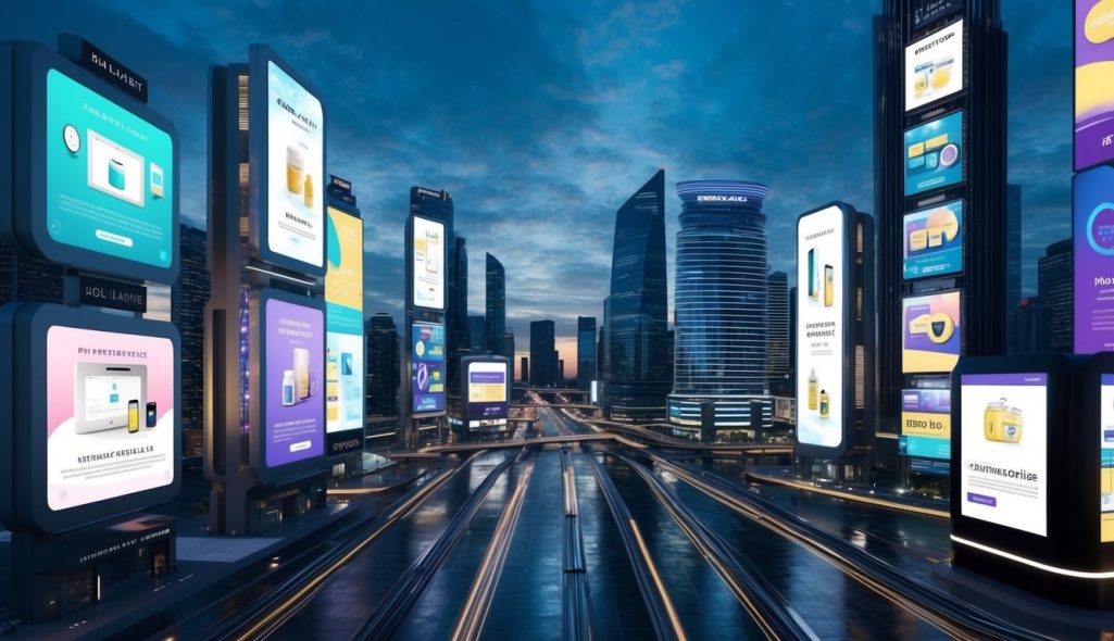 A futuristic cityscape with holographic billboards and digital displays showcasing various products and services, reflecting the cutting-edge advertising trends of 2025