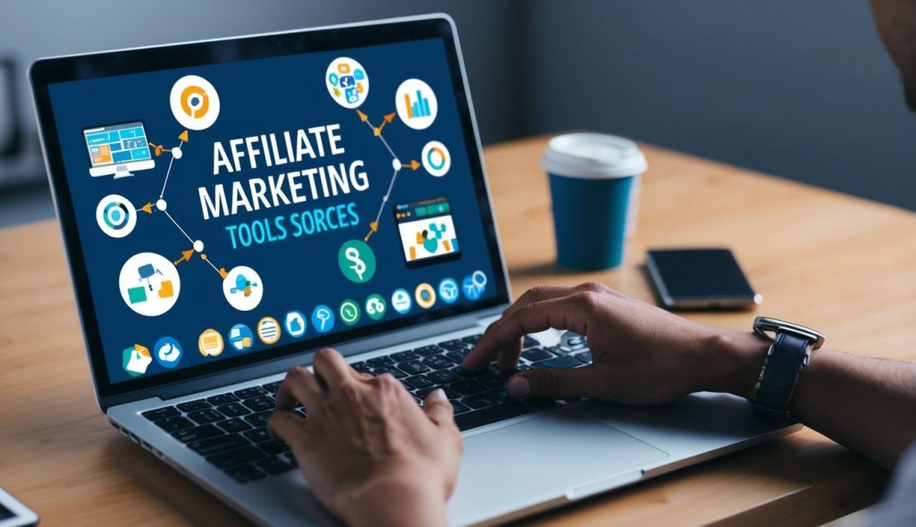 A person using a laptop with various affiliate marketing tools and resources displayed on the screen