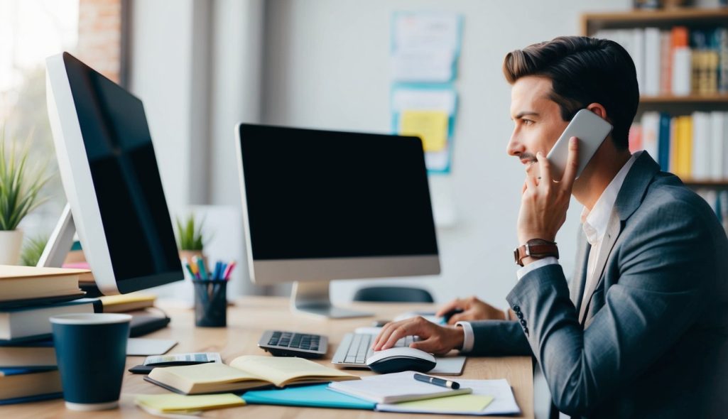 A person sitting at a desk with a computer, talking on the phone while surrounded by books and notes on affiliate marketing