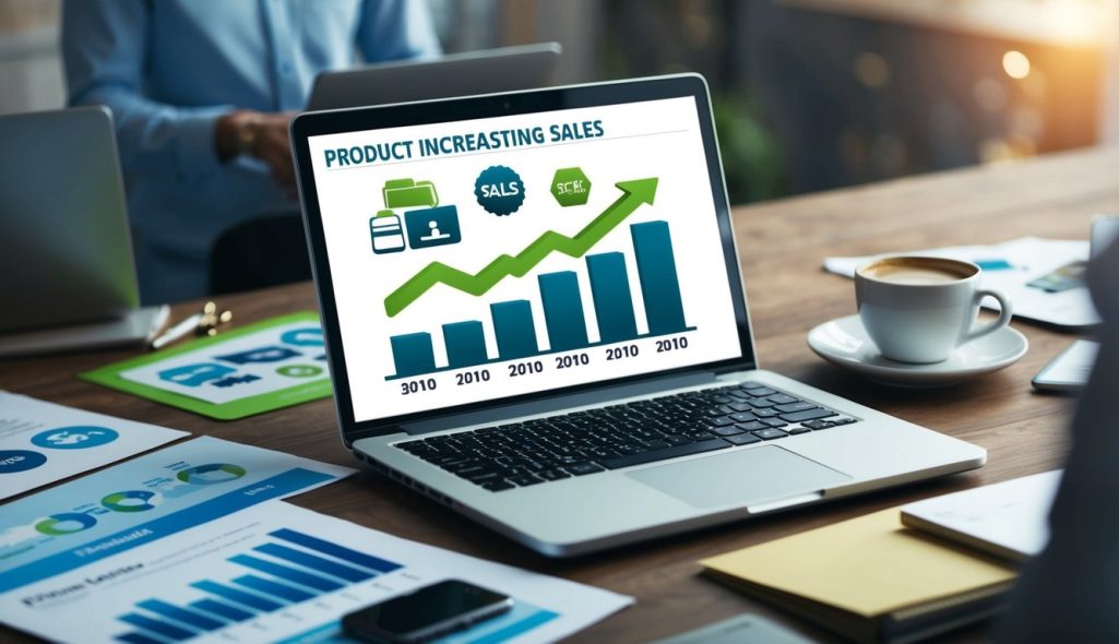 A laptop displaying various product logos with a graph showing increasing sales, surrounded by marketing materials and a cup of coffee