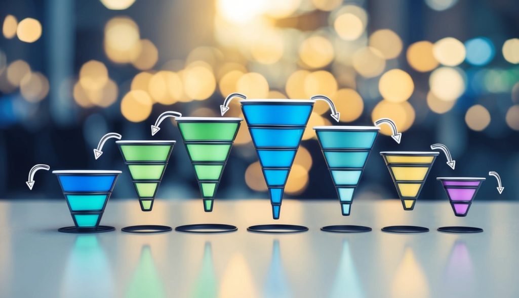 A series of interconnected funnels representing different stages of the affiliate marketing sales process, leading towards a final conversion point