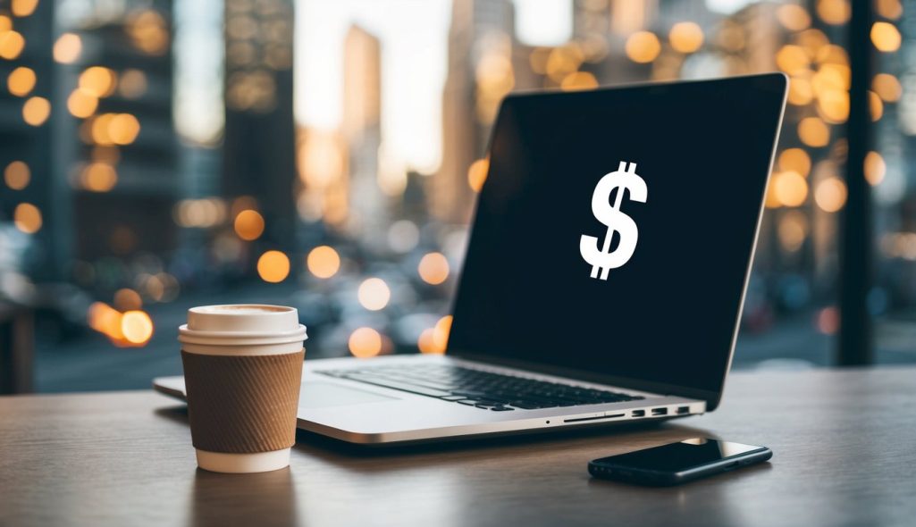 A laptop, coffee cup, and money symbol