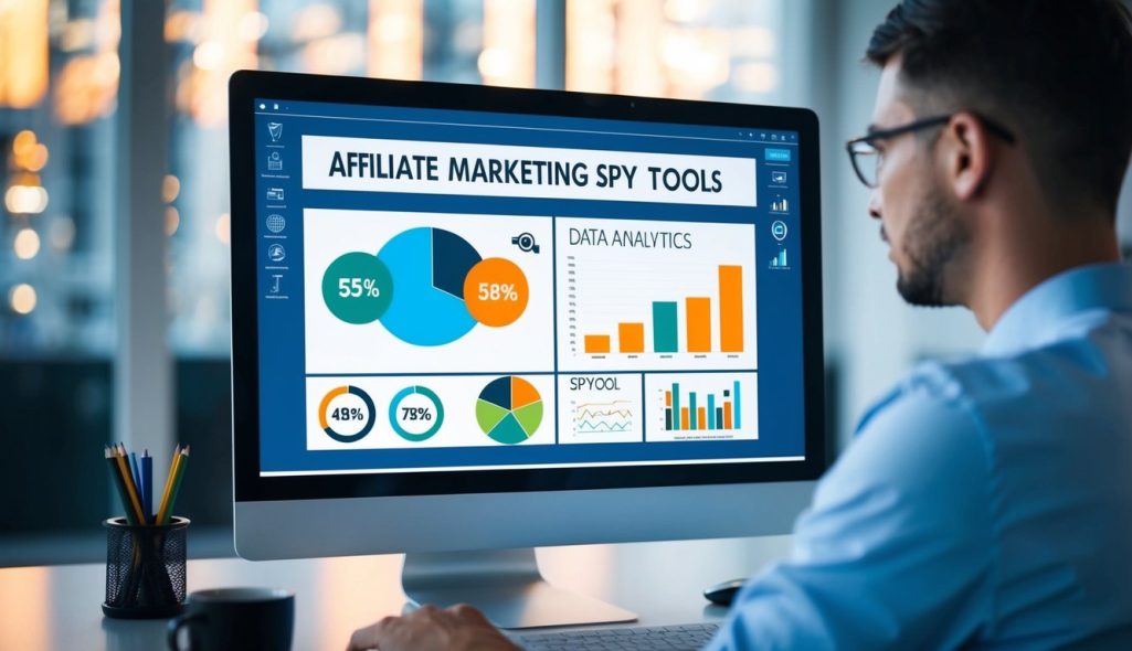 A computer screen displaying various affiliate marketing spy tools and data analytics charts