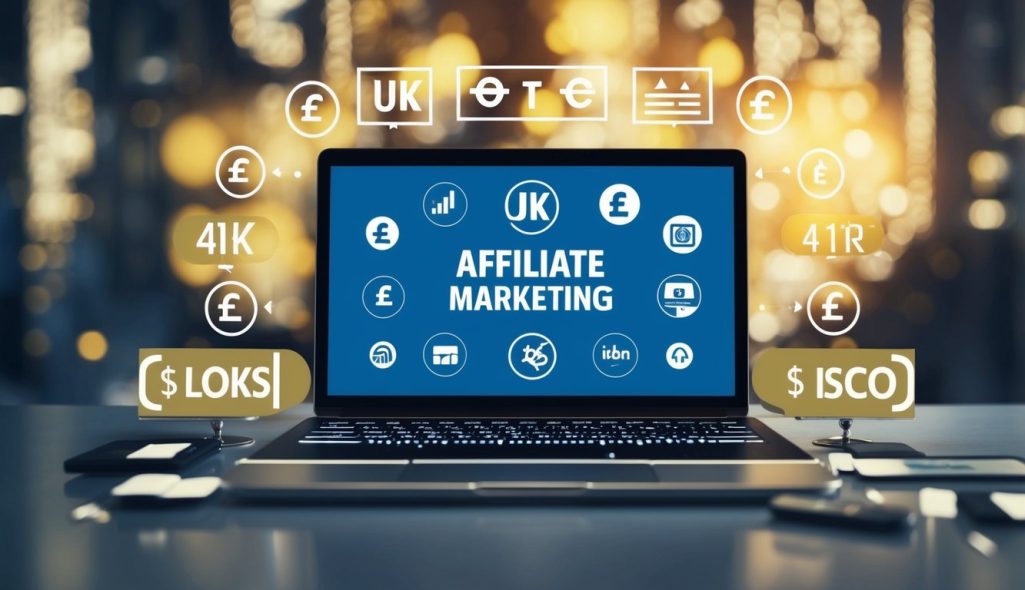 A laptop displaying various UK affiliate marketing logos and icons, surrounded by currency symbols and charts