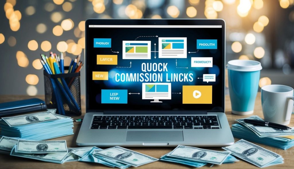 A laptop displaying various product links, surrounded by promotional materials and a stack of commission checks