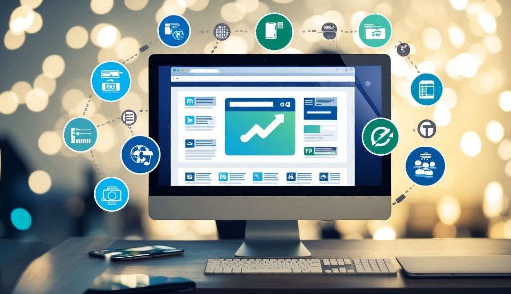 A computer displaying a variety of clickable ads, surrounded by icons of different affiliate programs