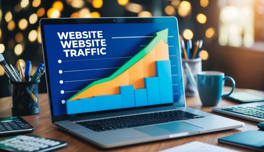 A laptop with a vibrant graph showing a steady increase in website traffic, surrounded by various tools and resources for search engine optimization