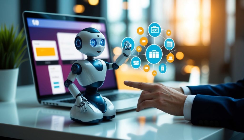 An AI robot displaying affiliate marketing products on a digital screen