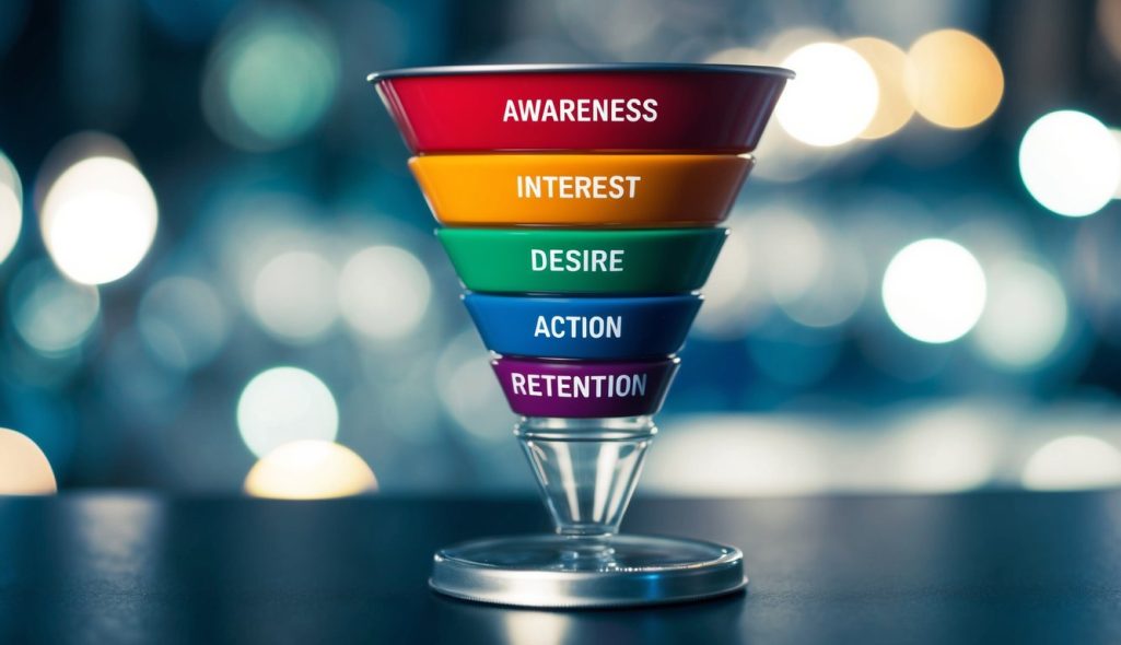 A series of stages: awareness, interest, desire, action, and retention, visually represented as a funnel