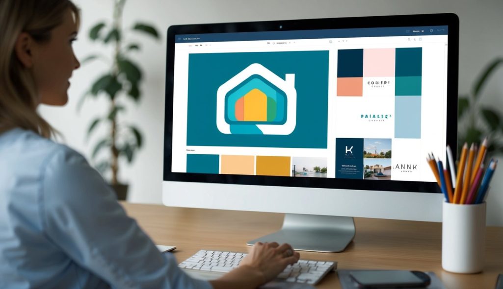 A clean, modern logo being designed on a computer with various branding elements such as color palettes, fonts, and imagery displayed on the screen