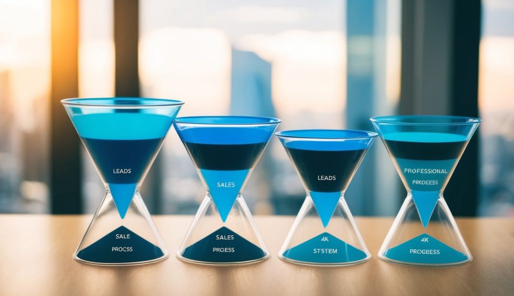A series of interconnected funnels representing the stages of a sales process, with leads entering and progressing through the system