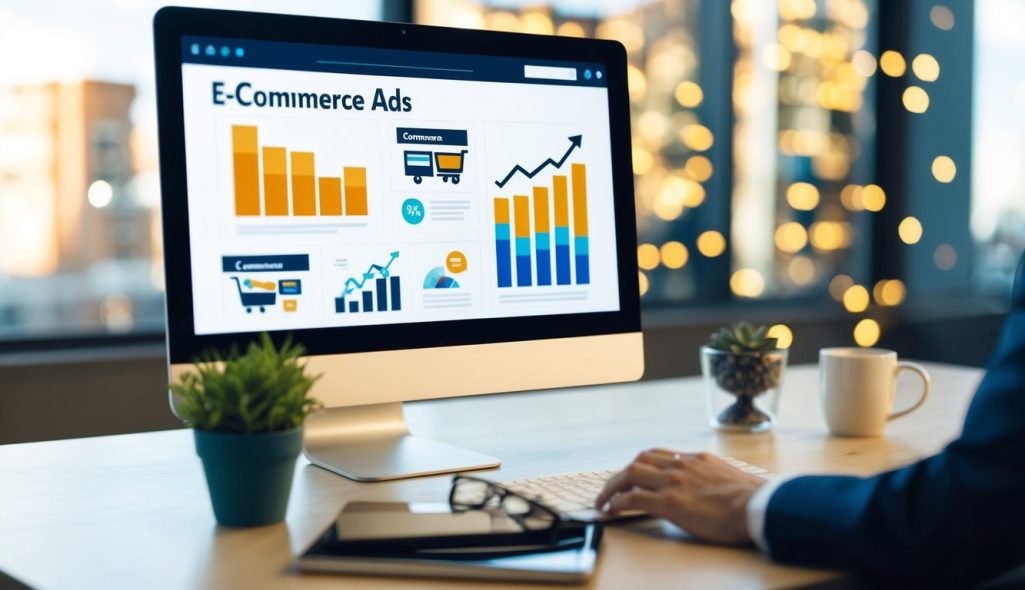 A computer screen with various e-commerce ads displayed and a graph showing increasing click-through rates