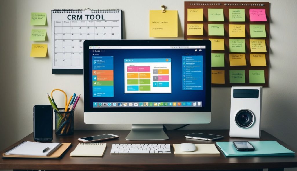 A cluttered desk with a computer, phone, and notepad. A calendar and sticky notes cover the wall. An open browser displays various CRM tool options