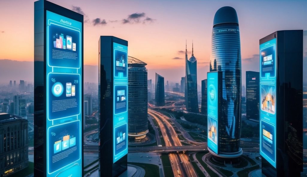 A futuristic cityscape with holographic advertisements and interactive billboards showcasing innovative marketing strategies for 2025