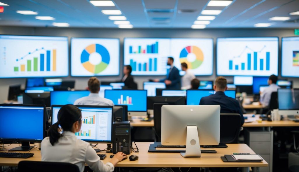 A bustling office with employees working on computers, while colorful graphs and charts display on large screens