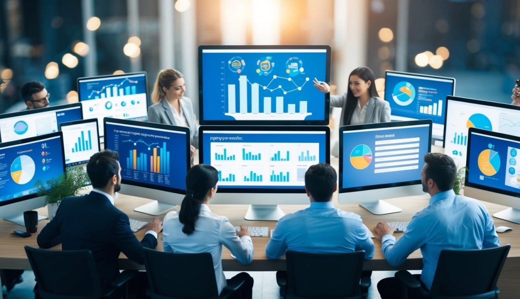A group of computer screens with data charts and graphs, surrounded by a team of professionals analyzing and optimizing pay-per-click advertising campaigns