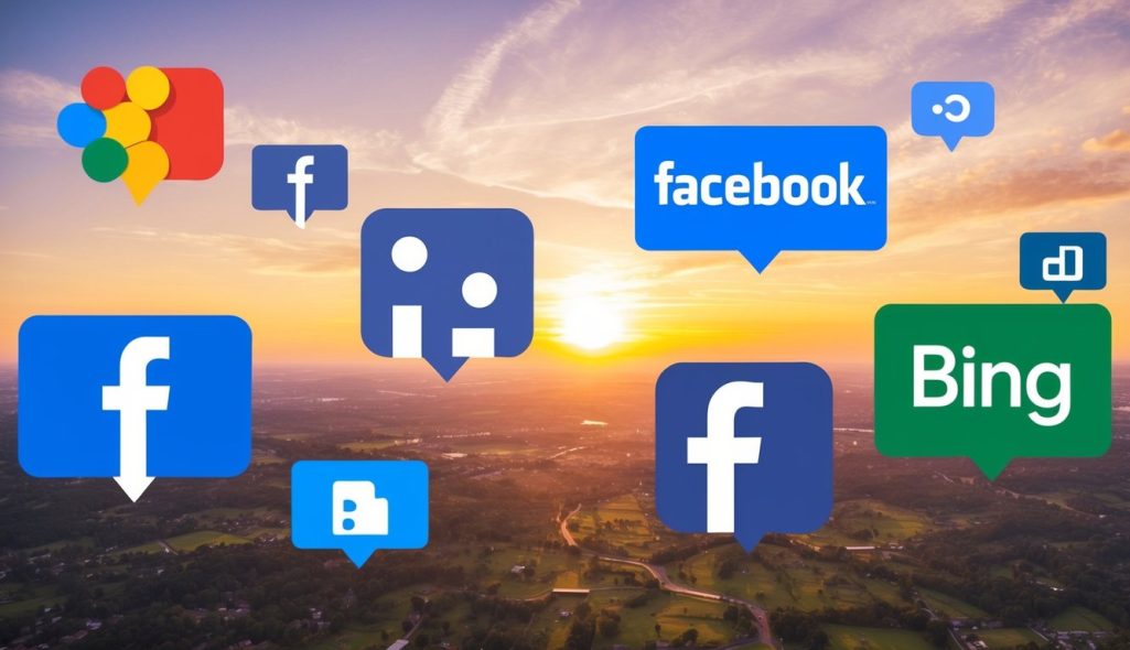 A vibrant digital landscape with various platforms like Google Ads, Facebook Ads, and Bing Ads floating in the sky. Each platform is represented by its iconic logo and color scheme
