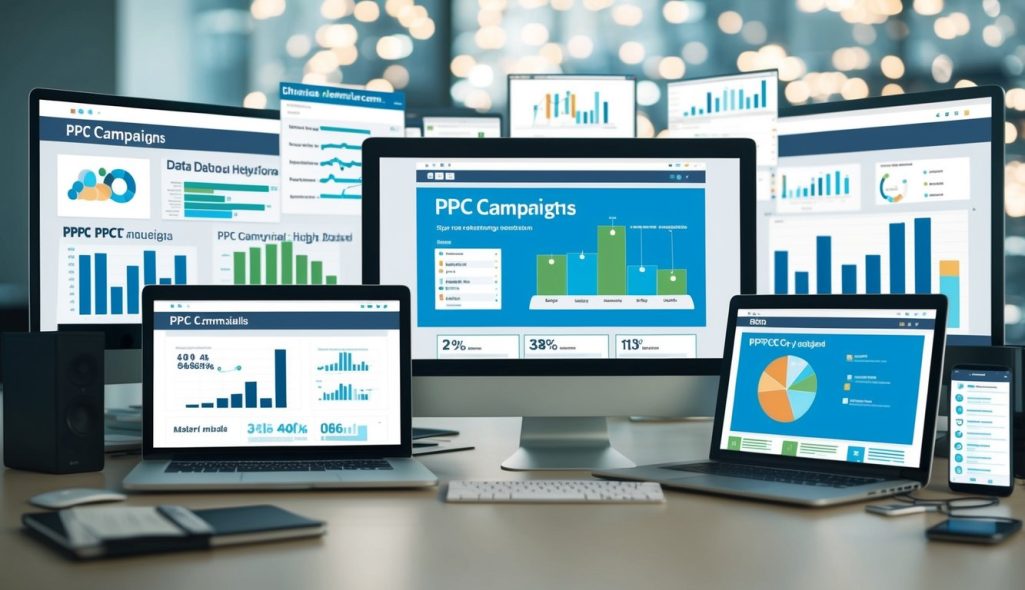 Various digital devices and screens displaying data and analytics related to PPC campaigns, surrounded by charts, graphs, and keyword lists