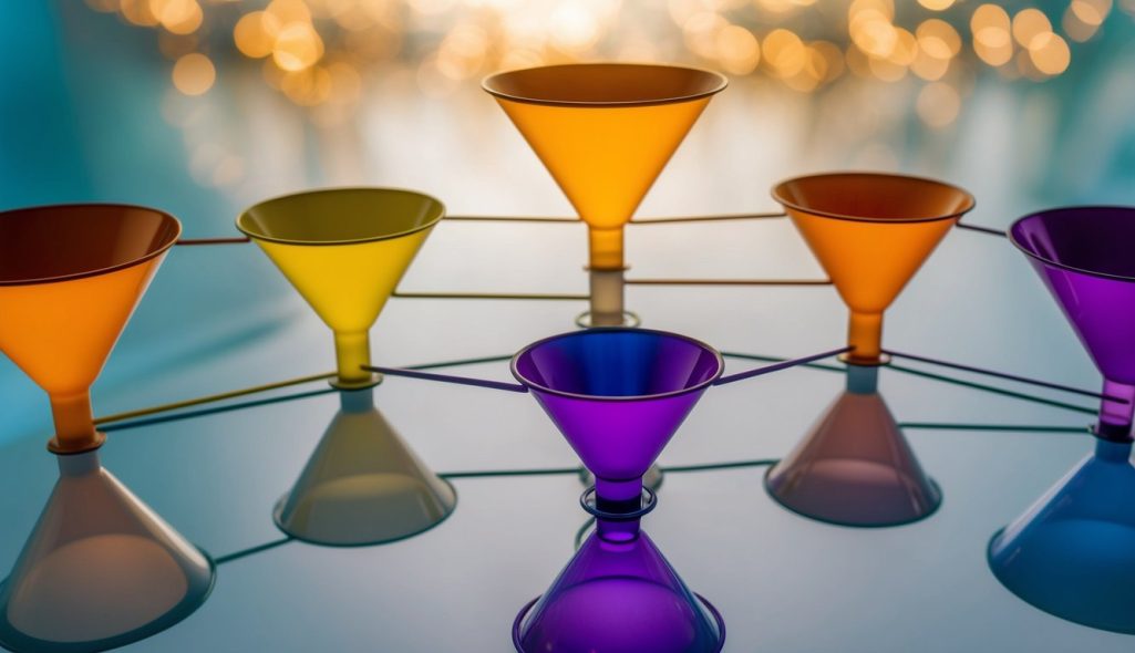 A series of interconnected funnels with increasing size and varying colors, leading down to a central point