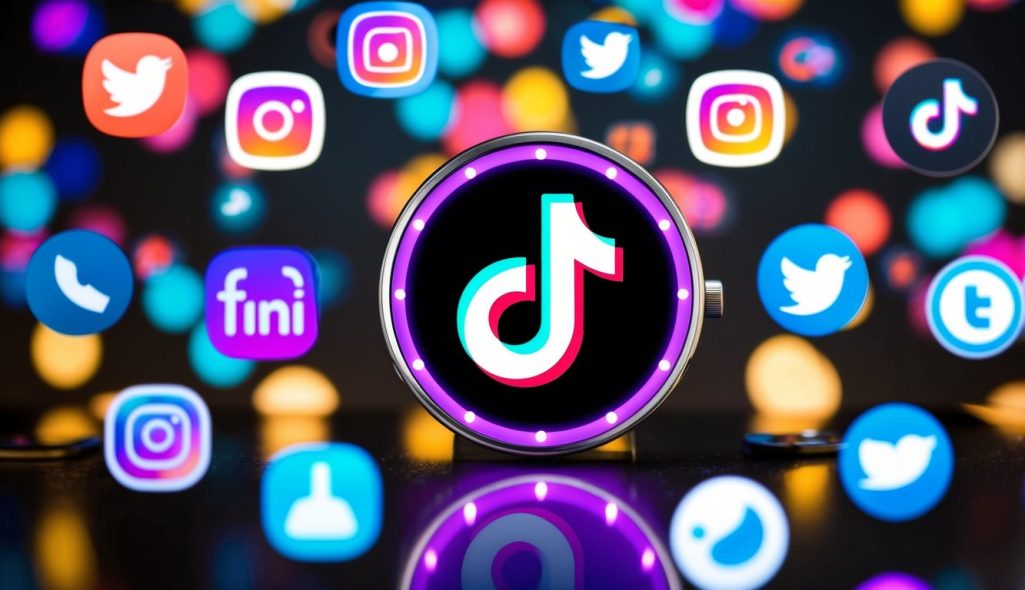 A colorful digital clock with the TikTok logo in the background, surrounded by various social media icons and symbols of technology and communication