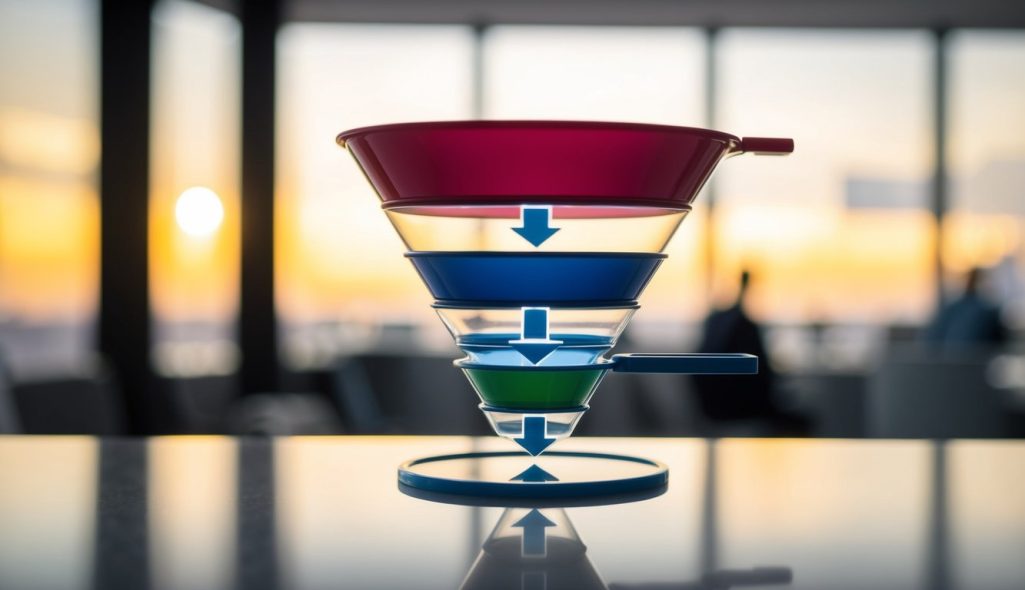 A sales funnel with multiple stages and branches, representing the process of attracting and converting potential customers