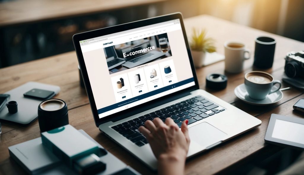 A laptop with e-commerce website open, surrounded by various products and a cup of coffee