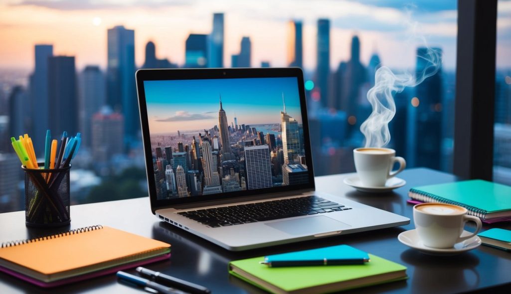 A modern laptop surrounded by colorful notebooks, pens, and a steaming cup of coffee on a desk with a view of a bustling city skyline