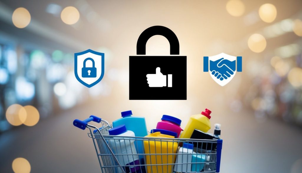 A secure padlock icon hovering above a shopping cart filled with various products, surrounded by a shield and a handshake symbol