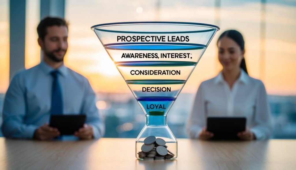 Prospective leads entering a funnel, progressing through stages of awareness, interest, consideration, and decision, ultimately becoming loyal customers