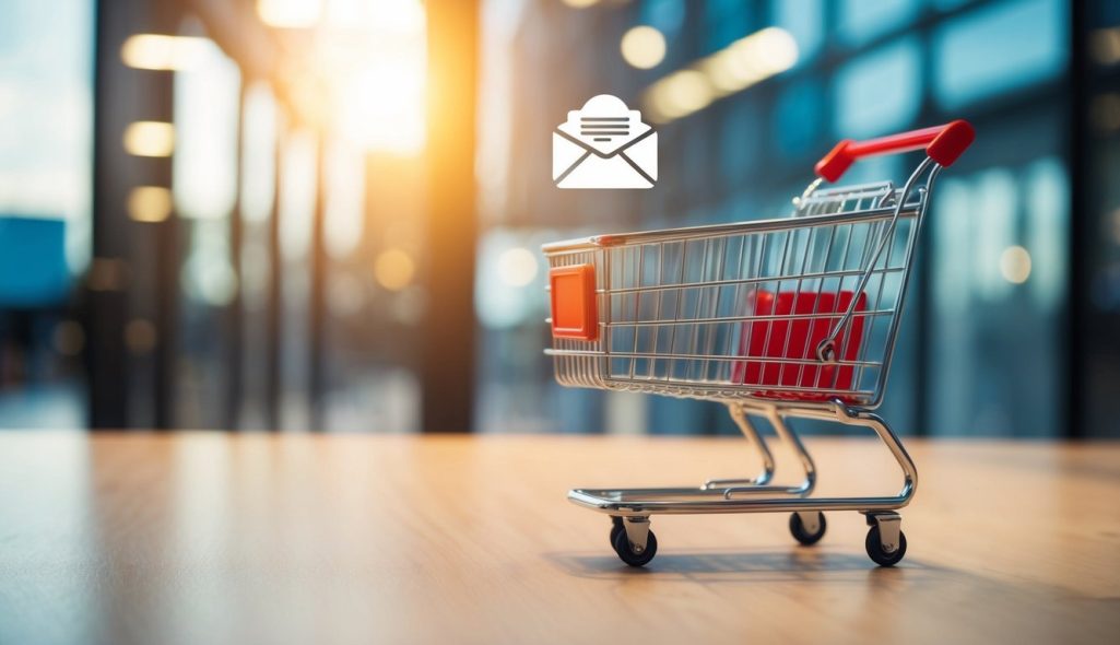 An empty shopping cart with an email icon hovering above it