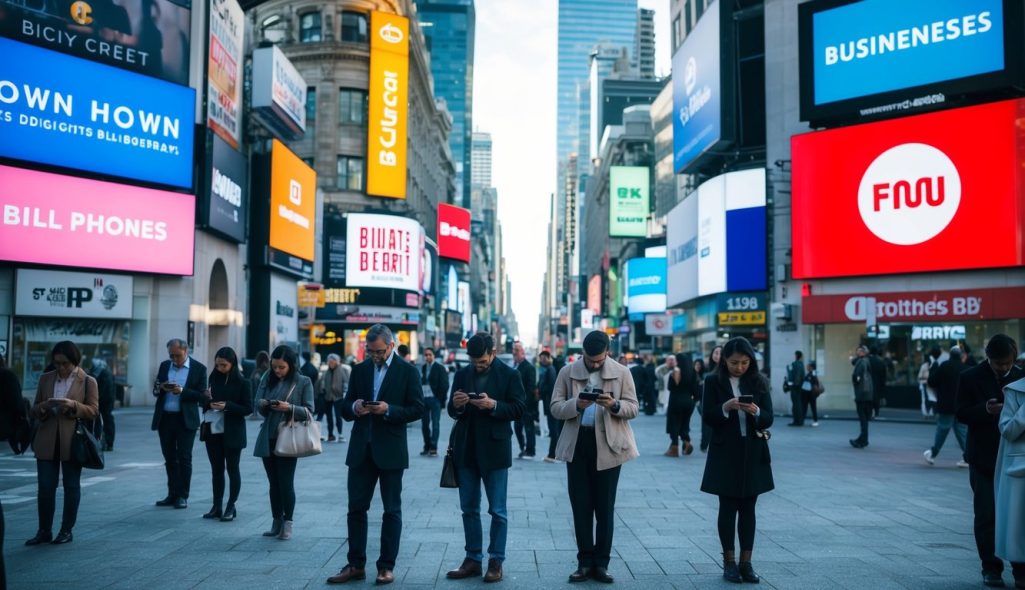 A busy city street with various businesses and brands vying for attention on large digital billboards and screens. People are seen scrolling through their phones, ignoring most of the advertisements