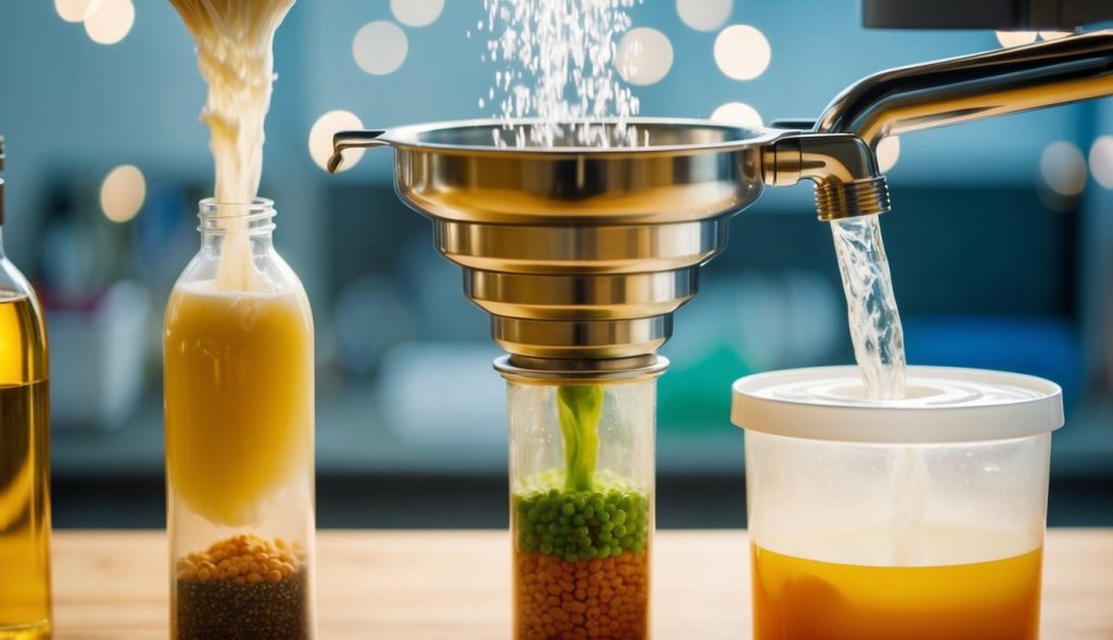 A funnel with various products entering and being filtered into a single output