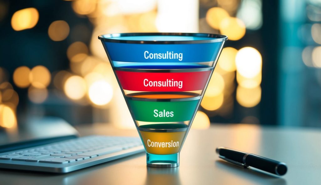 A funnel with multiple layers representing the stages of consulting sales, from lead generation to conversion