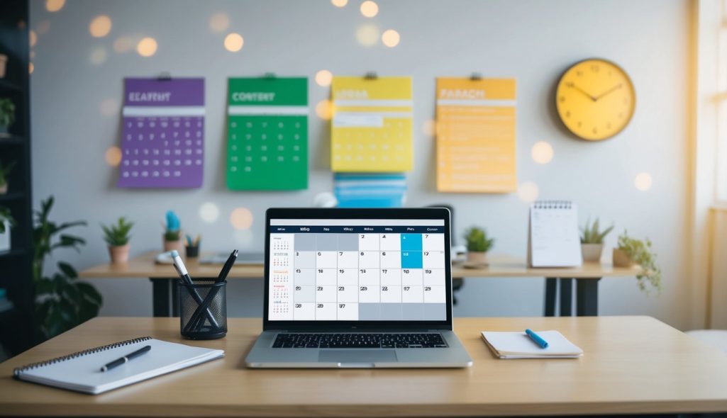 A desk with a laptop, calendar, and pen. Walls adorned with colorful content ideas and a clock showing the passing of time