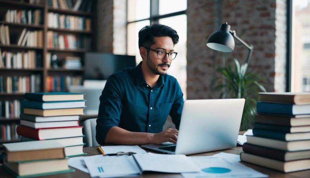 A person sitting at a desk with a laptop, surrounded by books and papers, brainstorming ideas for a content marketing strategy