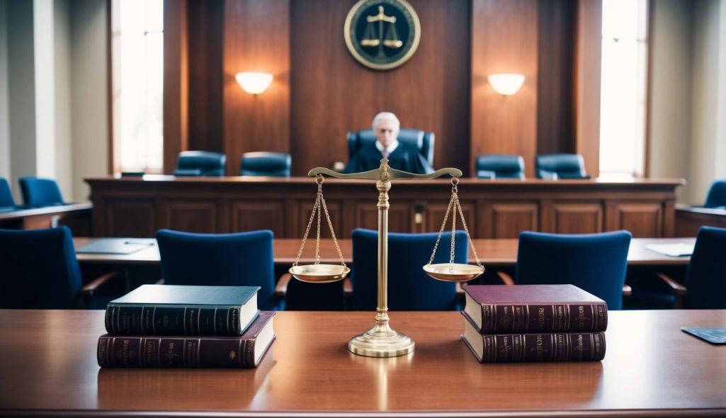 A courtroom with a judge's bench, lawyer's tables, and audience seating. A scale of justice and law books on display