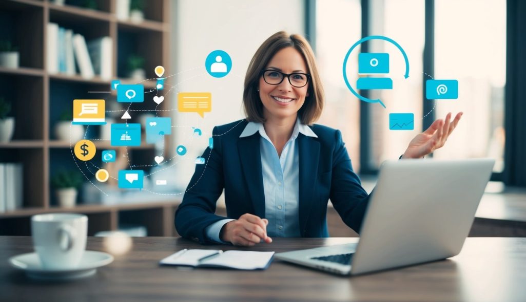 A small business owner creating and sharing engaging content across various digital platforms to attract and retain customers