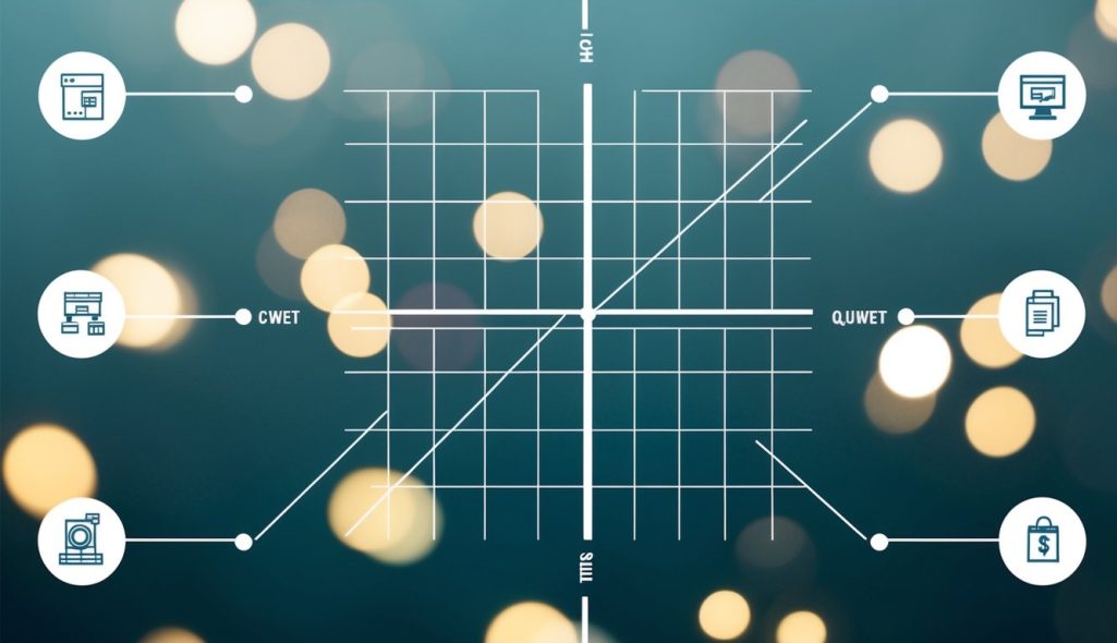 A grid with intersecting lines and labeled quadrants, surrounded by icons representing various content types and distribution channels