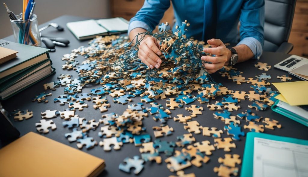 A tangled web of mismatched puzzle pieces, scattered across a cluttered desk. A confused expression on the face of a frustrated marketer