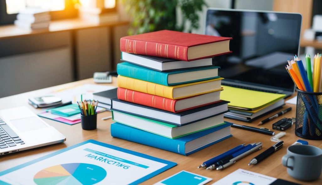 A stack of colorful books and a laptop surrounded by various marketing materials and tools on a desk