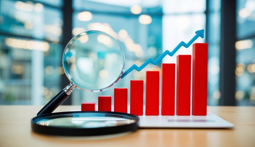 A bar graph showing an upward trend, with a magnifying glass highlighting the highest point