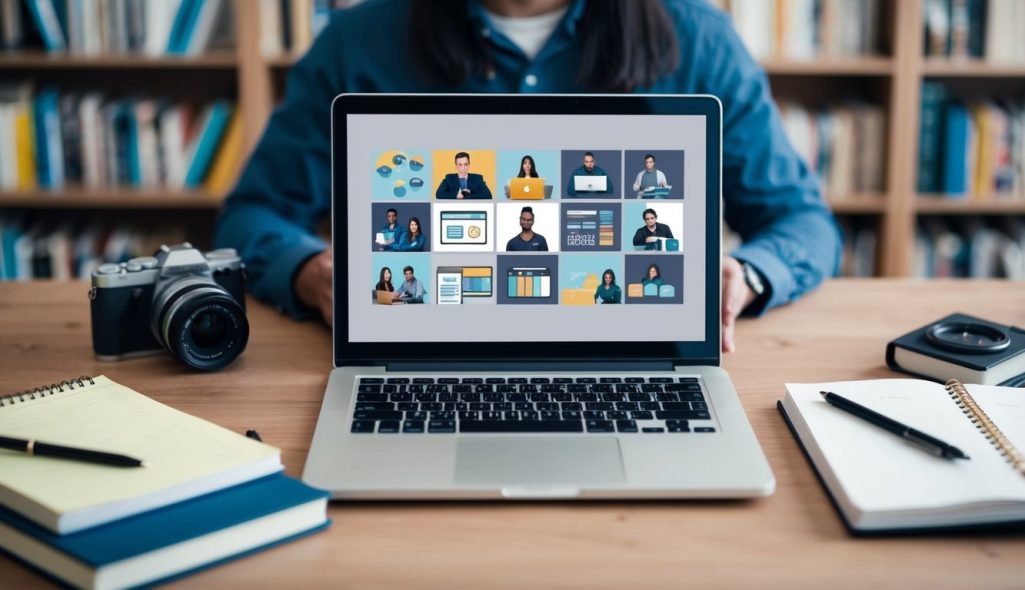 A person using a laptop to create and share engaging content on various platforms, surrounded by books, a camera, and a notepad for brainstorming
