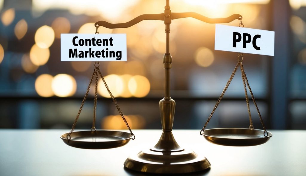 A scale with "content marketing" on one side and "PPC" on the other, balancing evenly