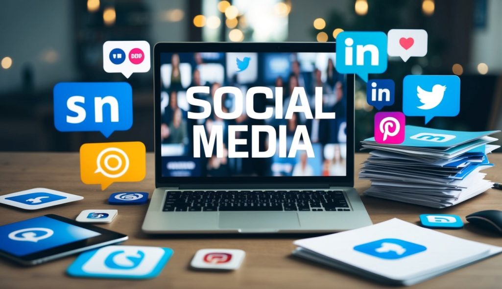 A laptop surrounded by various social media icons and a stack of content marketing materials on a desk