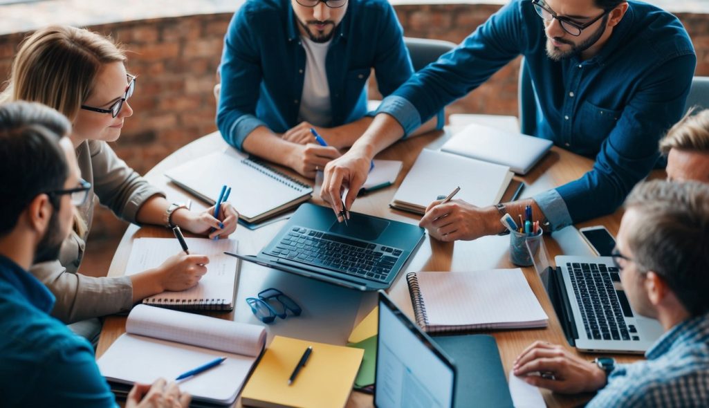 A group of writers brainstorming and collaborating around a table, surrounded by pens, notebooks, and laptops