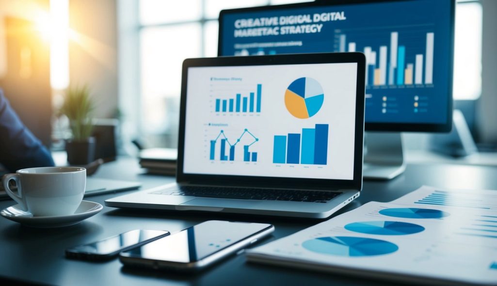 A laptop and smartphone on a desk, surrounded by charts and graphs, with a creative digital marketing strategy being executed