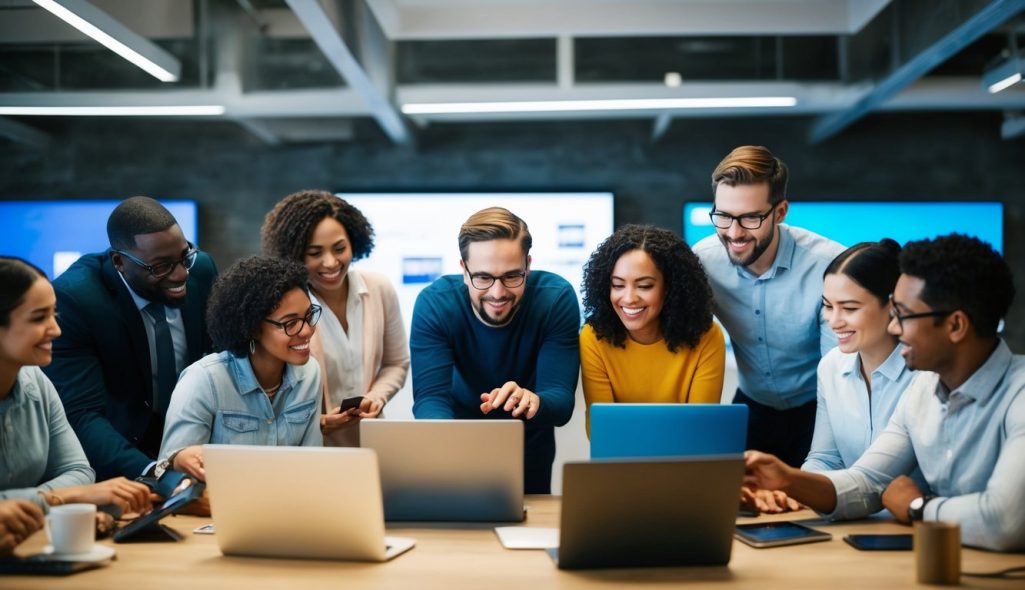 A group of diverse people engaging with digital screens and devices in a collaborative and interactive setting
